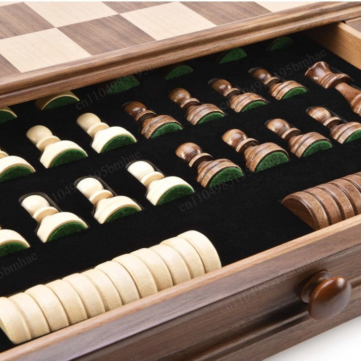 Chess Set Wooden - Walnoot massief houten schaak- en damspelset